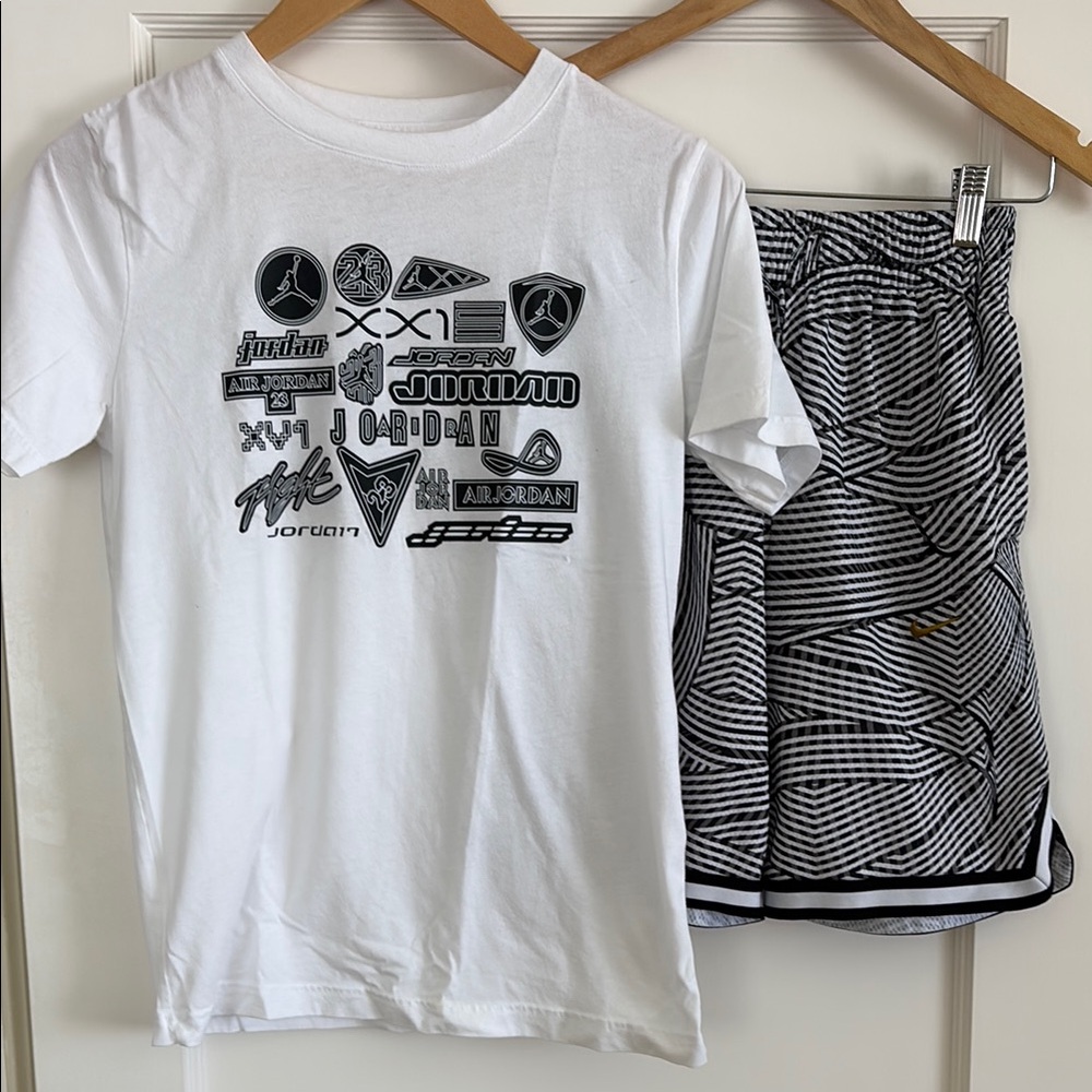 Jordan White Tee with Black Graphic & Black/White Patterned Shorts